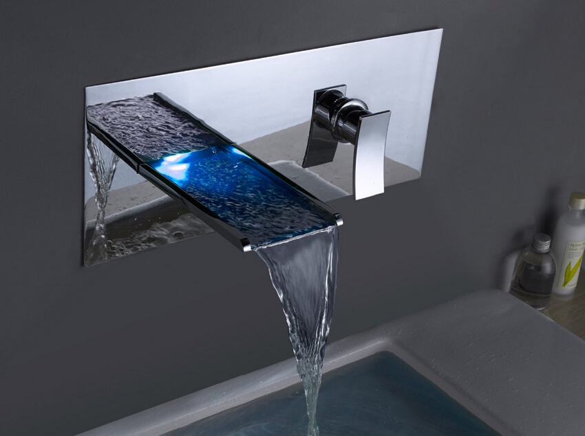 Lucania Wall Mounted LED Waterfall Bathroom Sink Faucet